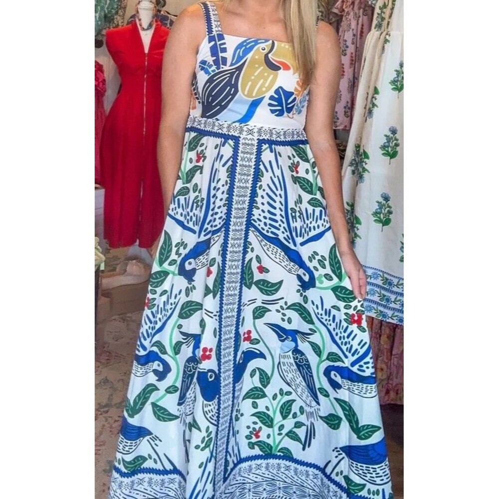 Sunday Up Tropical Colorful Toucan Tiered Maxi Dress Size Medium Cruise Vacation